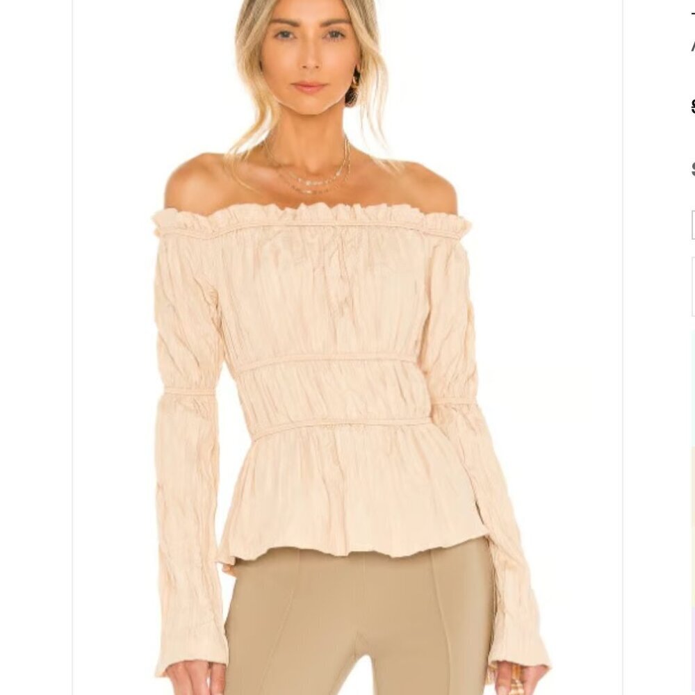 Song Of Style Ruched Off the Shoulder Top Long Sleeve Bell Sleeve Tan Size XS - Picture 2 of 8